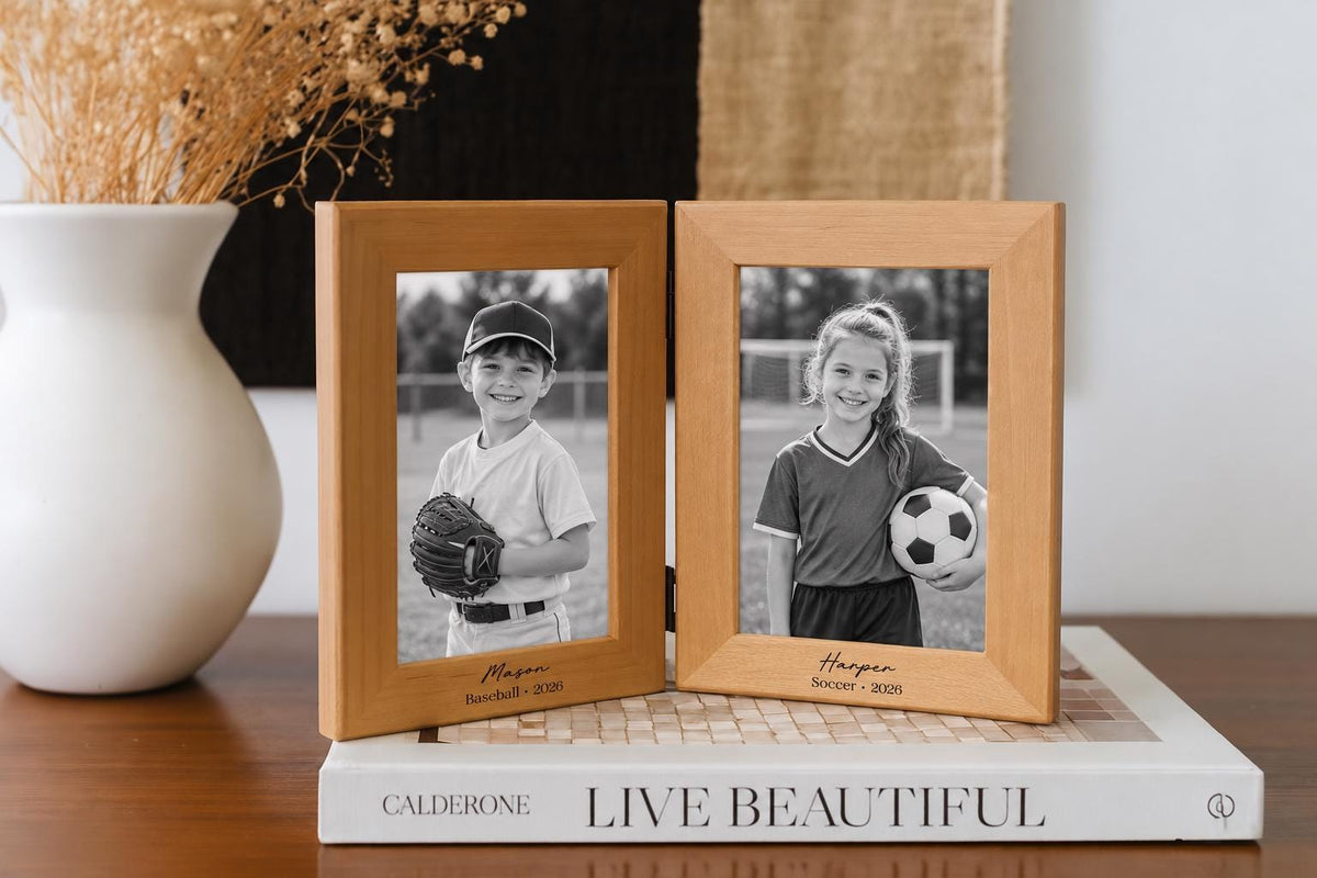 Personalized double wood frame with baseball and soccer portraits, engraved Mason, Baseball 2026, and Harper, Soccer 2026.