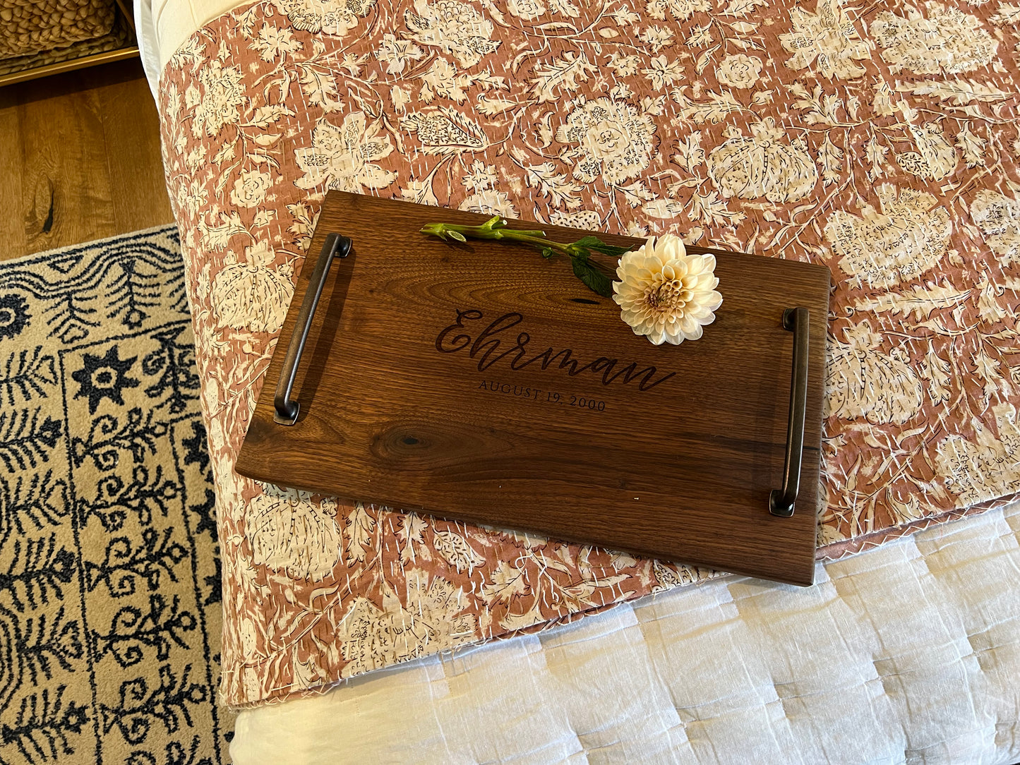 personalized engraved walnut serving tray with handles heirloom quality