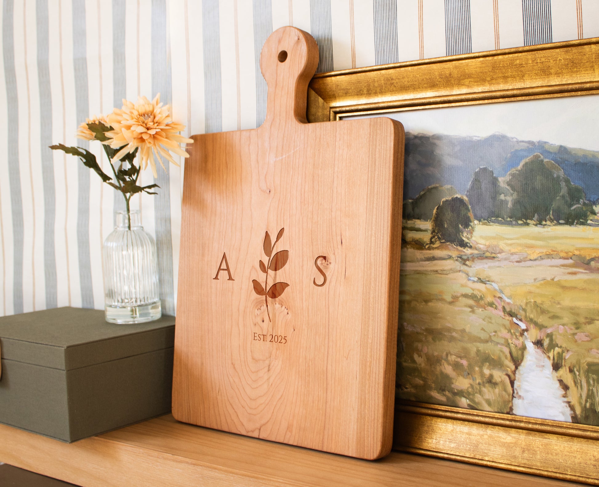 a wooden cutting board sitting on top of a wooden shelf
