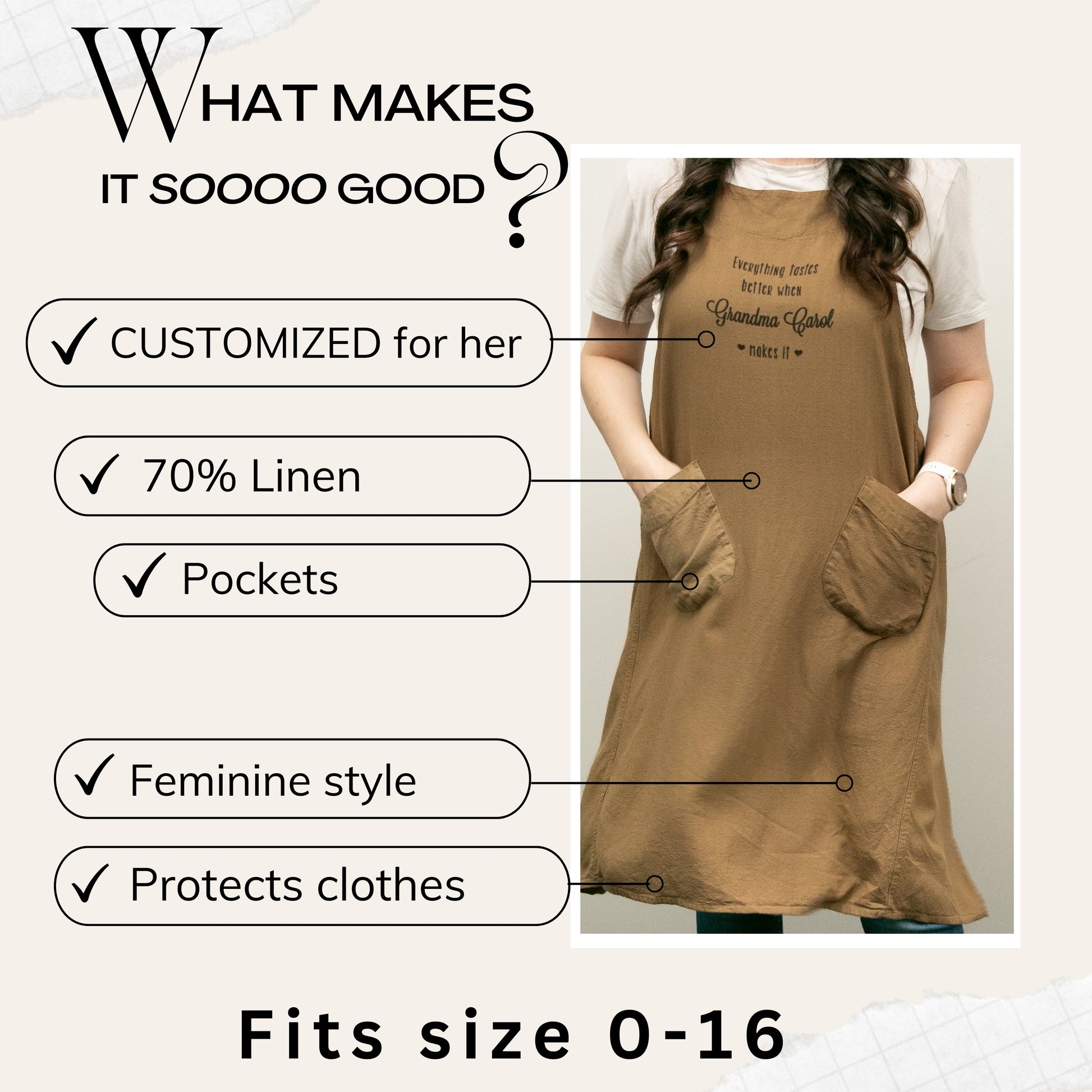 a woman wearing a brown dress with pockets