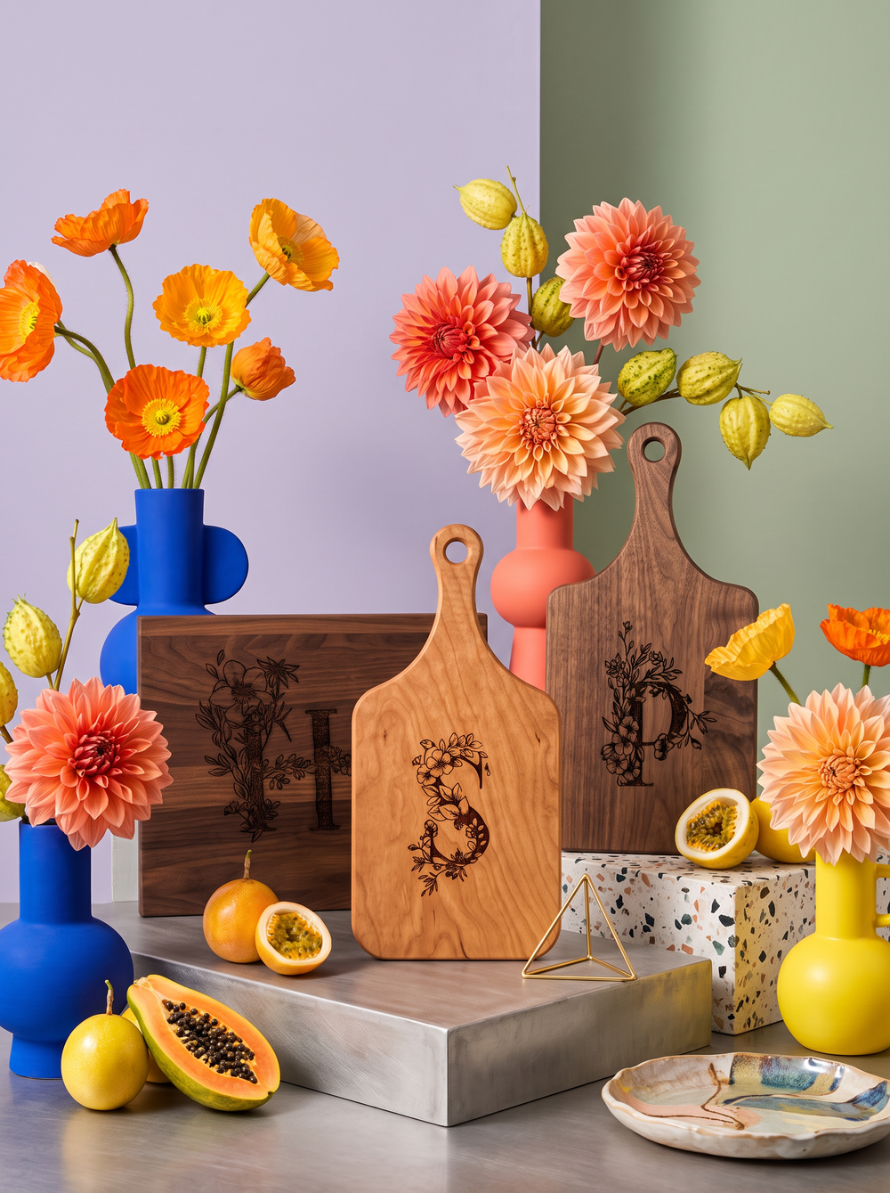 Floral Initial Cutting Board in a colorful floral setting