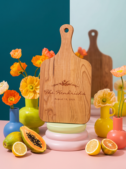 Floral Wreath Wedding Cutting Board in a colorful floral setting