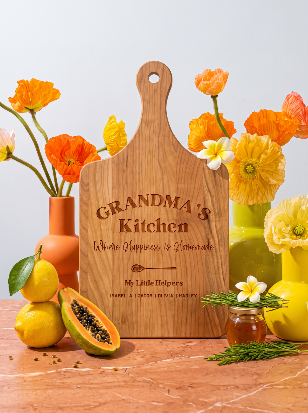 Grandma’s Kitchen Personalized Cutting Board in a colorful floral setting
