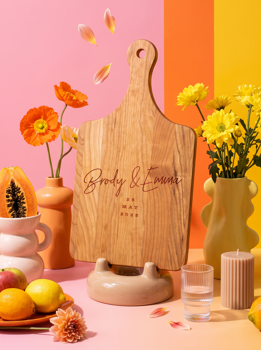 Modern Script Wedding Date Cutting Board in a colorful floral setting