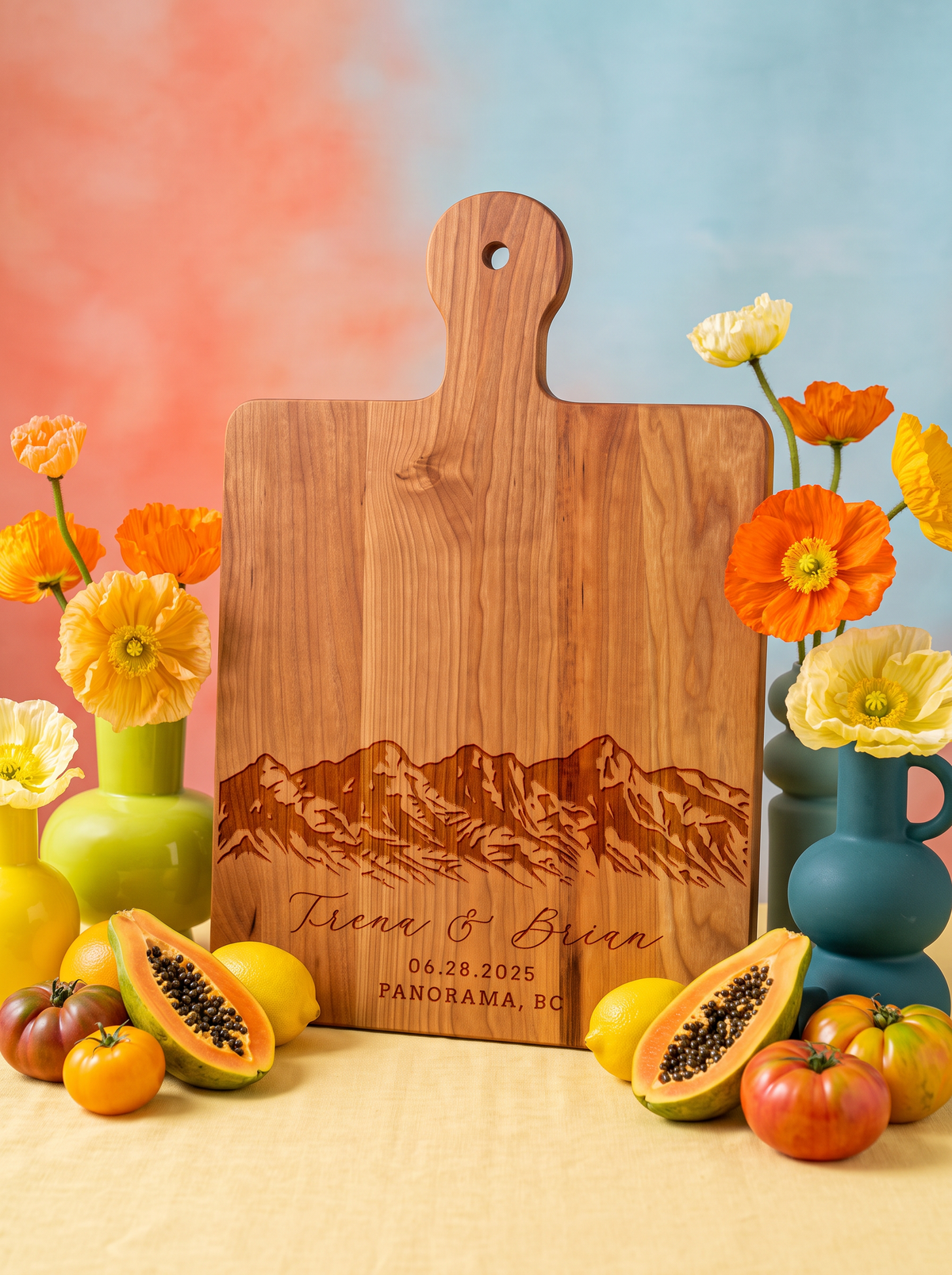 Mountain Range Wedding Cutting Board in a colorful floral setting