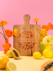 Floral Names Cutting Board in a colorful floral setting