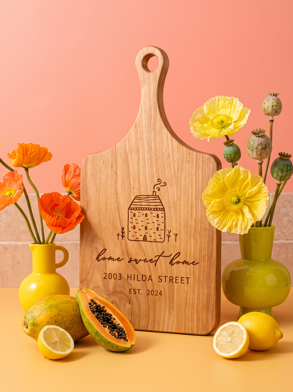 Home Sweet Home Cottage Cutting Board in a colorful floral setting