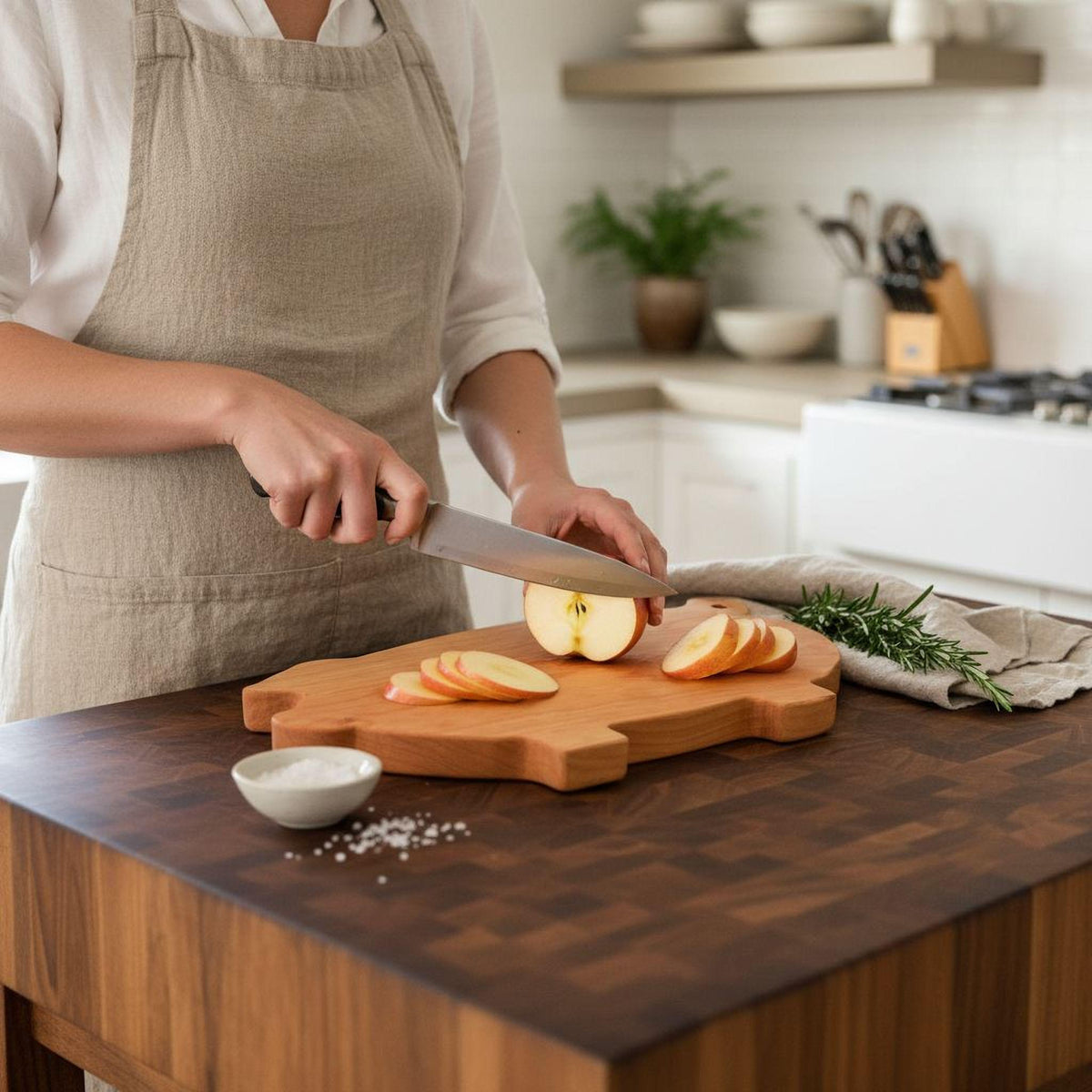 A person in a kitchen is slicing apples on a wooden cutting board, with a knife and a bowl of salt nearby.