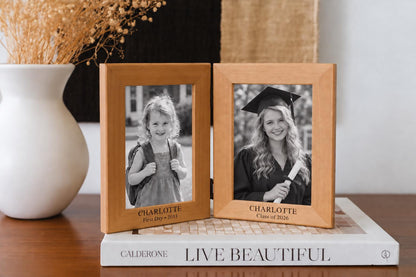Personalized double wood frame showing Charlotte’s first school day and graduation portraits, engraved First Day 2013 and Class of 2026.
