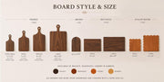 a variety of wooden cutting boards in different sizes and styles, ranging from paddle boards to square boards, and from small to large.