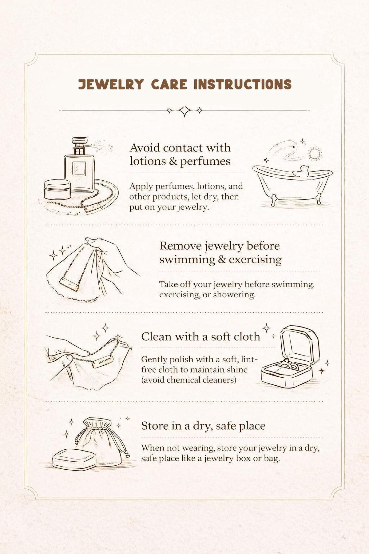 a set of instructions for caring for jewelry, including advice on how to properly care for and store various types of jewelry.