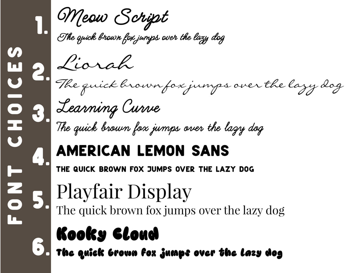 a collection of various font styles and names, including "Meow Script", "Liorah", "Learning Curve", "American Lemon Sans", "Playfair Display", and "Kooly Cloud". These fonts are described as quick brown fox jumps over the lazy dog, quick brown fox jumps over the lazy dog, quick brown fox jumps over the lazy dog, quick brown fox jumps over the lazy dog, and the quick brown fox jumps over the lazy dog.