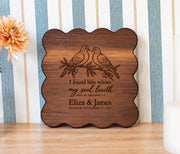 Edited mockup of the my soul dove design on a walnut scalloped board, with Eliza & James and an engagement date beneath the verse.