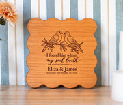 Edited mockup of my soul scripture artwork on a small cherry scalloped board beside flowers and candles.