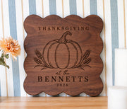 Pumpkin wheat Thanksgiving engraving mockup on a scalloped board, with BENNETTS and 2026 below the pumpkin and wheat.
