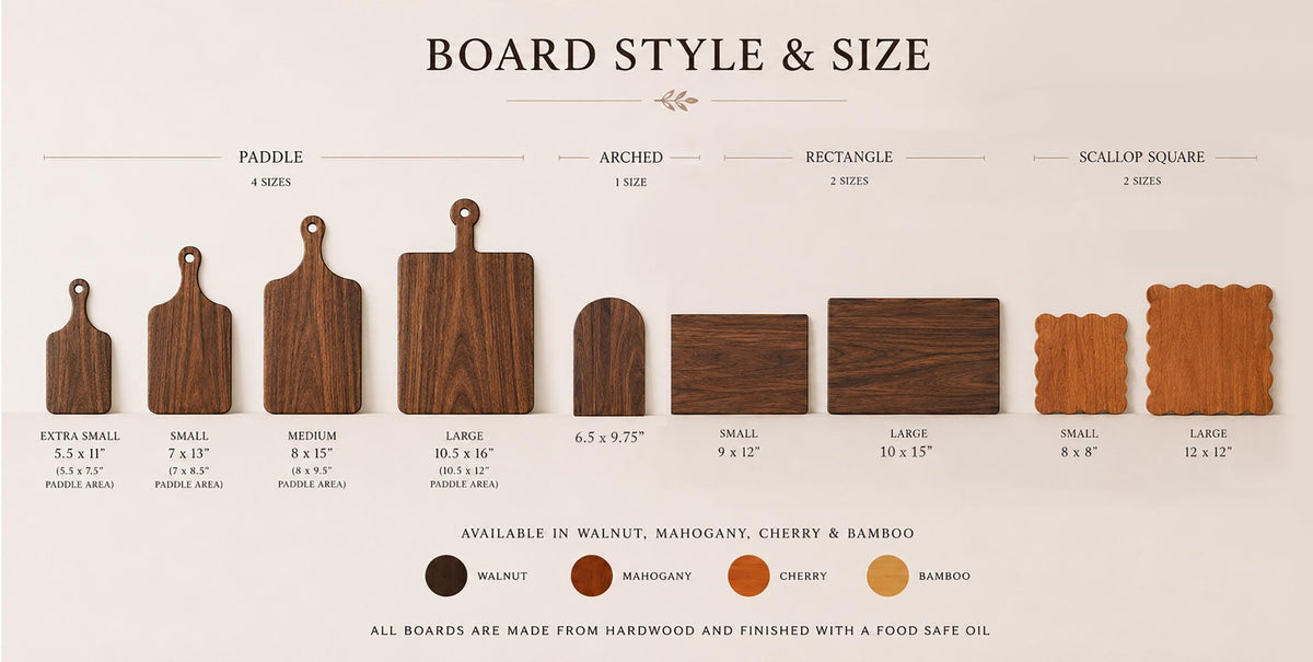 Board style and size chart showing paddle, arched, rectangle and scalloped square boards, plus four material swatches.