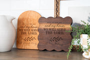 Simulated Serve the Lord engraving on an arched cherry board and scalloped walnut board, with family-name and year examples.