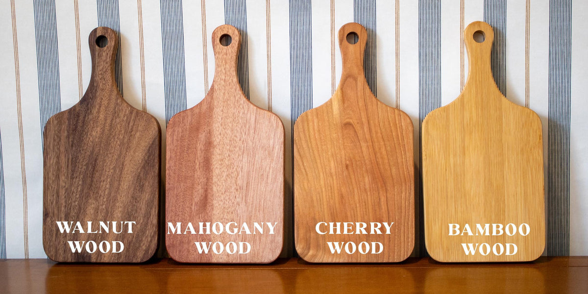 Four paddle board material examples labeled walnut, mahogany, cherry and bamboo.