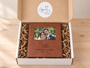 I Do wedding frame mockup inside an open Copper Fox gift box with crinkle paper, with an illustrative couple photo and the sample names Charlotte & James and date 14 June 2026.