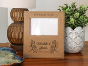Wedding Roses frame mockup with OUR WEDDING DAY above an empty photo opening, roses, Charlotte & James and June 14, 2026; Gift Options None.
