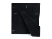 Rear view of a frame showing its black backing, folding stand, retaining tabs and hanging loops.