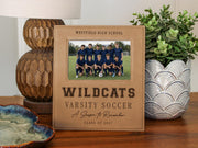 Edited Varsity Season frame mockup with an illustrative soccer team photo and sample Westfield High School, Wildcats, Varsity Soccer, A Season to Remember and Class of 2027 engraving.
