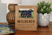 Edited Varsity Season frame mockup with an illustrative soccer team photo and sample Westfield High School, Wildcats, Varsity Soccer, A Season to Remember and Class of 2027 engraving.