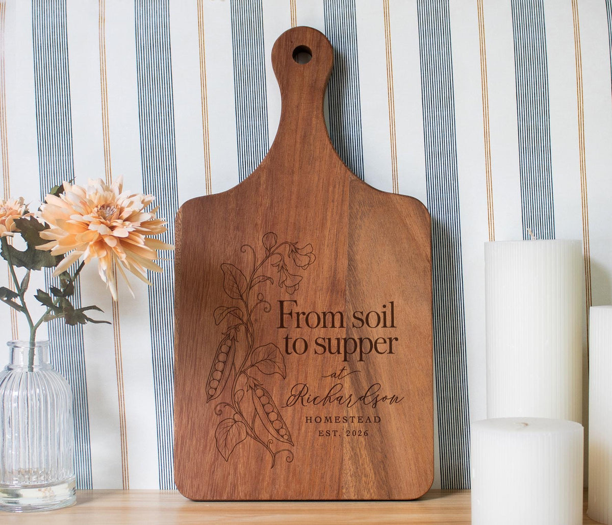 Soil to Supper cutting board mockup with a climbing pea vine and sample Richardson Homestead personalization.