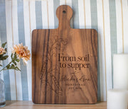 Soil to Supper cutting board mockup with a climbing pea vine and sample Richardson Homestead personalization.