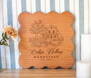 Farmhouse Harvest personalized cutting board mockup with farmhouse, apple tree and vegetables, showing Cedar Hollow, Homestead and Est. 2026.