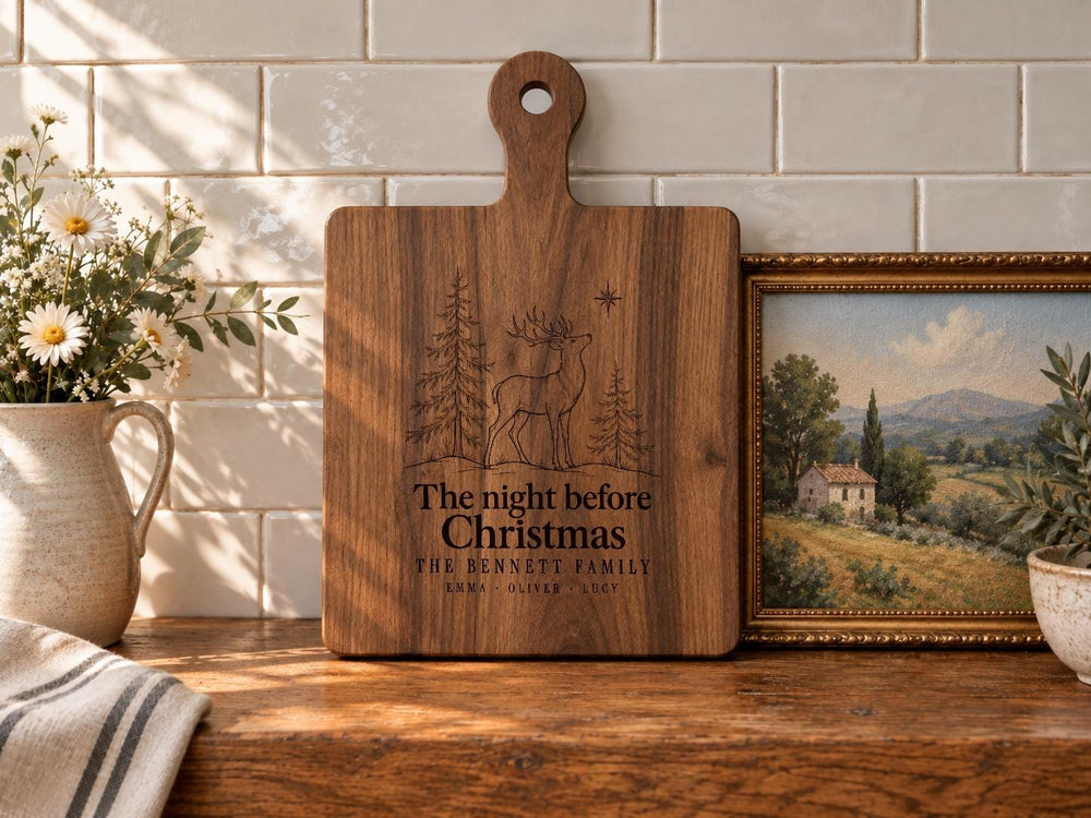 Personalized Christmas Eve Stag cutting board; edited mockup.