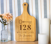Personalized Heirloom House Key cutting board; edited mockup.