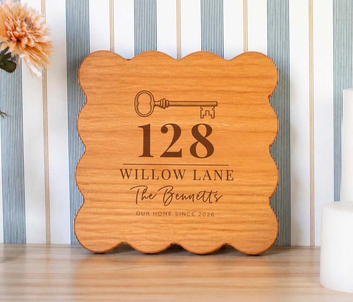 Personalized Heirloom House Key cutting board; edited mockup.