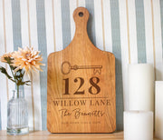 Personalized Heirloom House Key cutting board; edited mockup.