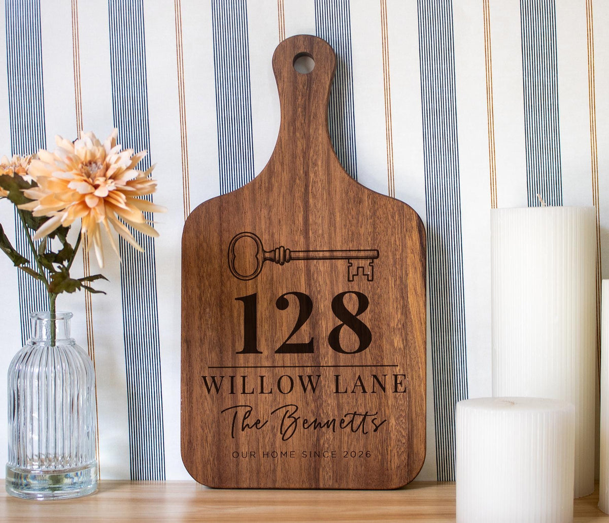 Personalized Heirloom House Key cutting board; edited mockup.