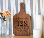 Personalized Heirloom House Key cutting board; edited mockup.