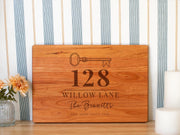 Personalized Heirloom House Key cutting board; edited mockup.