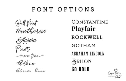Available font choices for personalized frame engraving.