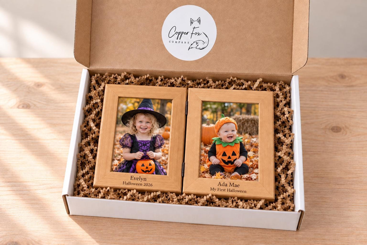 Double wooden frame with color Halloween costume portraits and personalized engraving in the optional gift box.