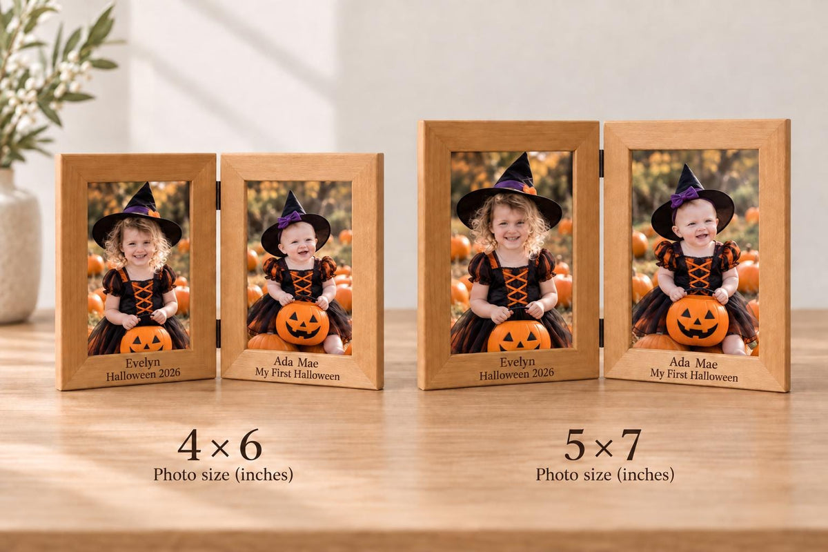 Comparison of 4x6 and 5x7 photo sizes for a double wooden frame with color Halloween costume portraits.