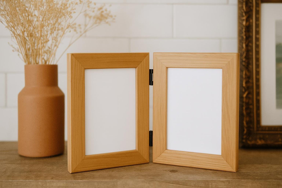 Unengraved hinged double wooden frame with two portrait openings.