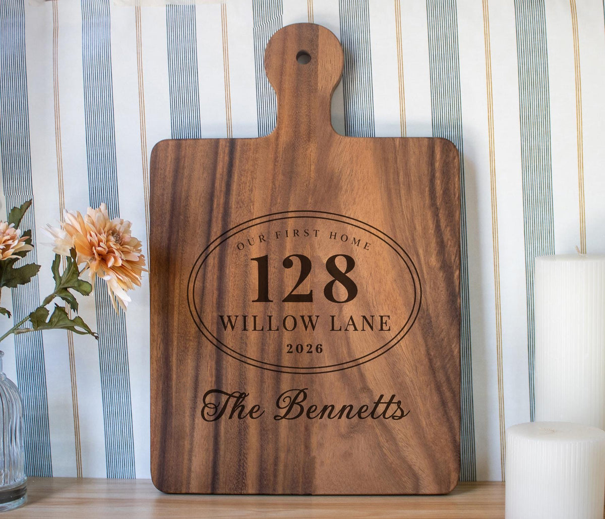 Personalized First Home Plaque cutting board; edited mockup.