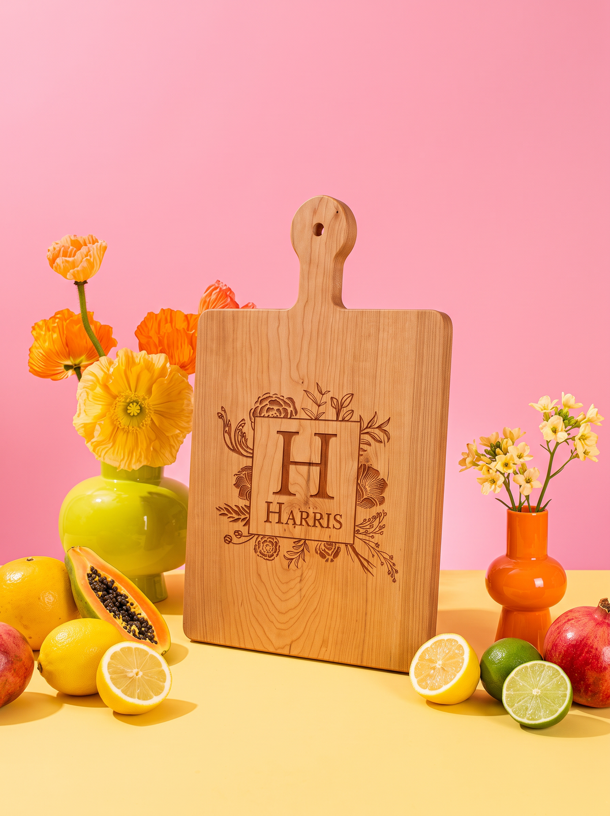 Floral Border Monogram Cutting Board in a colorful floral setting