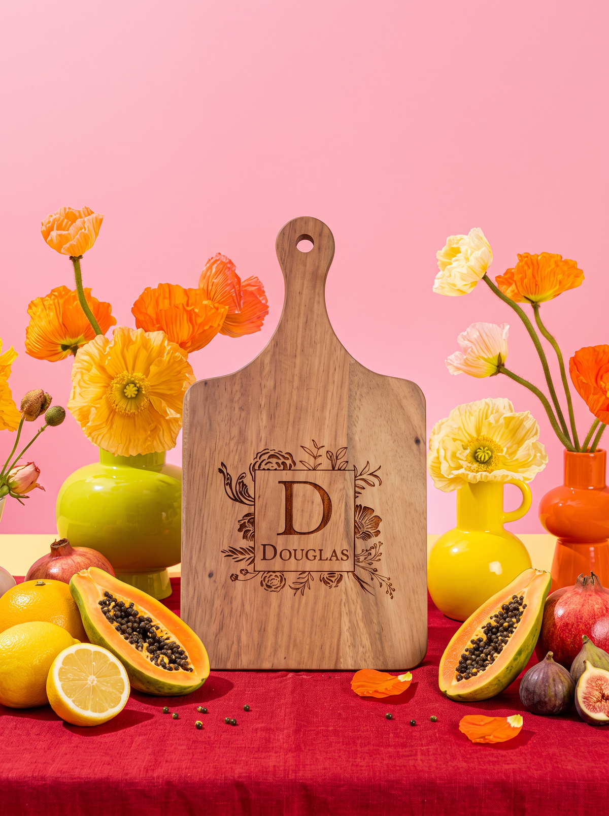 Floral Border Monogram Cutting Board in a colorful floral setting