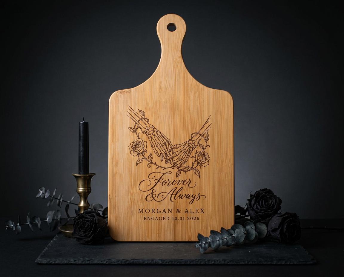 Forever Hand in Hand cutting board design with skeleton hands, roses, and sample names Morgan & Alex