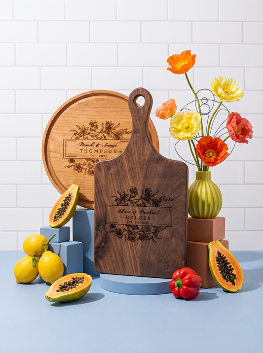 Floral Wedding Cutting Board in a colorful floral setting