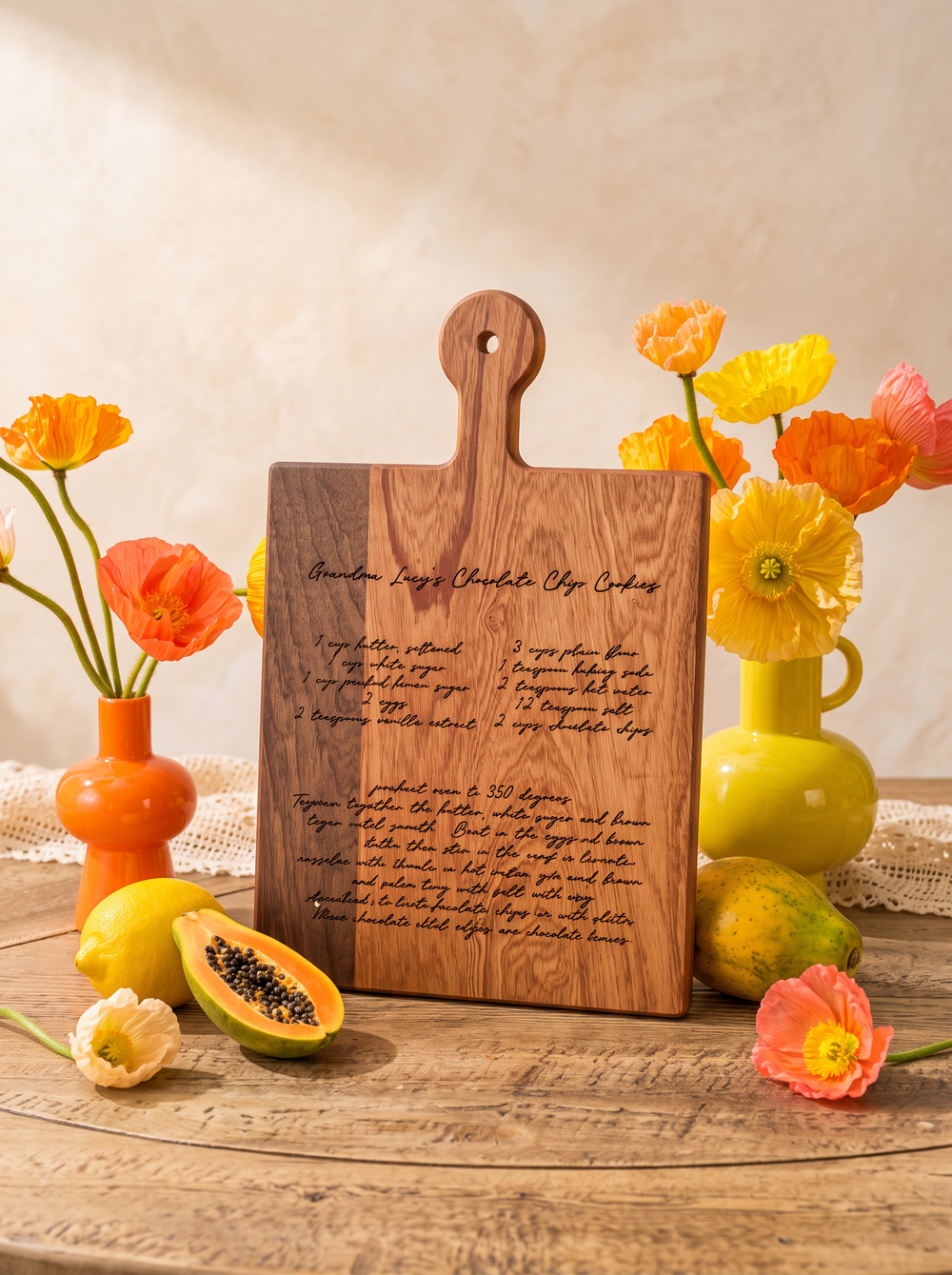 Handwritten recipe engraving on a wood paddle cutting board, styled with colorful flowers, view 1.