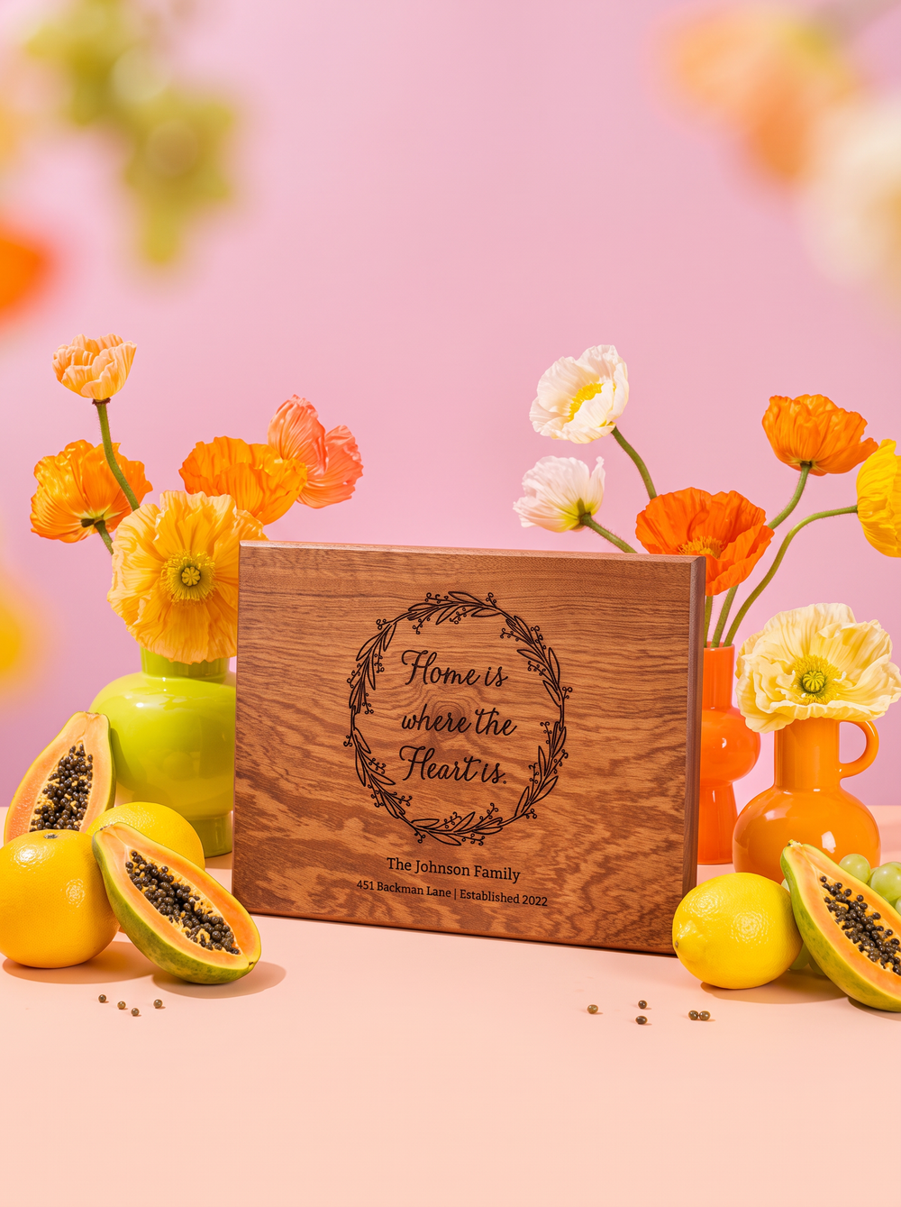 Home Is Where the Heart Is Wreath Cutting Board in a colorful floral setting