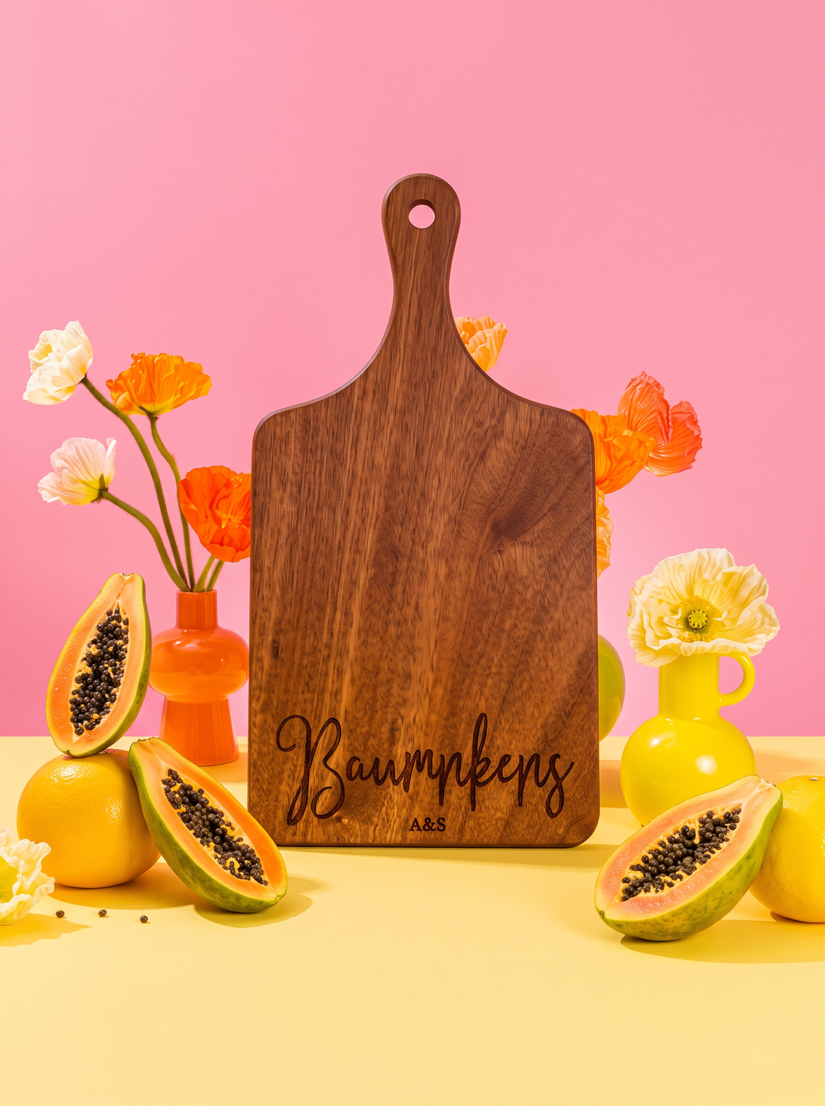 Modern Cursive Family Name Cutting Board in a colorful floral setting