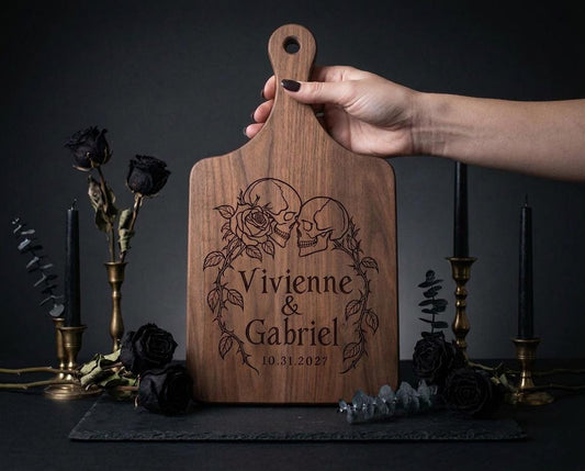 Rosebound Skulls personalized board with sample names Vivienne and Gabriel
